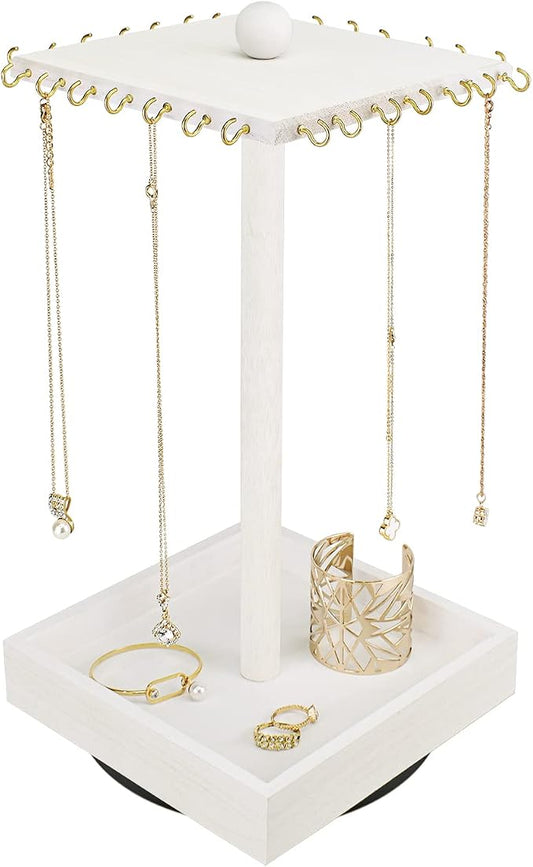 Ikee Design Wooden Rotating Jewelry Organizer,Jewelry Display Tower for Necklace,Bracelet, Rotating Necklace Holder Organizer,Jewelry Stand for Shows, Wash White Color, 7.88 W x 7.88 D x 16 H in