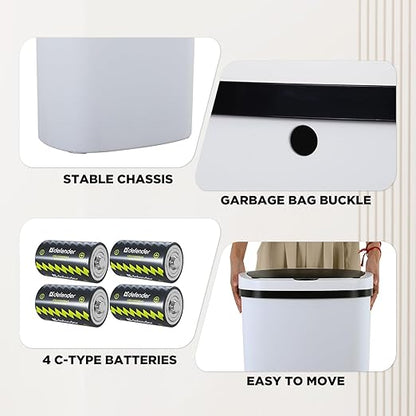 BestOffice | 13 Gallon Plastic Trash Can with Lid | White | Automatic Touchless Garbage Can | Odor Control | Modern Oval Design | Easy to Clean | Fits Any Kitchen, Bathroom, Office or Home