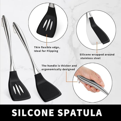 Heavy Duty Silicone Spatula Set, 2 Piece Heat Resistant BPA Free Cooking Spatulas with Stainless Steel Handle, Non Stick Silicone Turner for Pancakes, Eggs, Fish, Kitchen Cooking Utensils
