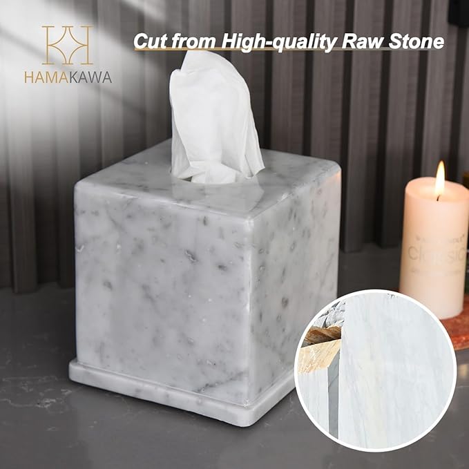HAMAKAWA Natural Marble Tissue Box Cover, Carrara White Tissue Organizer 6 X 6 X 5.7 Inch, Heavy Stone Decorative Box, Square Tissue Box Holder for Home Decor, Kitchen, Bathroom, Bedroom