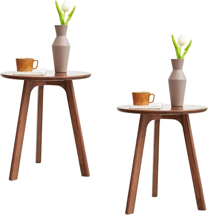 100% Solid Oak Small Side Table - Easy Assembly Round End Table with 3 Legs Pillars for Living Room, Bedroom, or Balcony - Mid Century Modern Nightstand for Small Spaces (Walnut, 2)