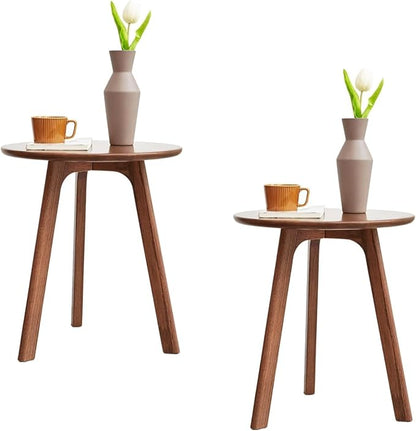 100% Solid Oak Small Side Table - Easy Assembly Round End Table with 3 Legs Pillars for Living Room, Bedroom, or Balcony - Mid Century Modern Nightstand for Small Spaces (Walnut, 2)