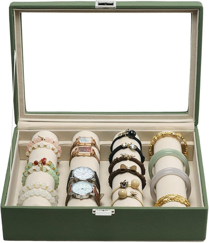 Bracelets Organizer Rods Bangles Display Holder, Clear See through Lid Leather Velvet Jewelry Storage Box Case for Women, 4 Rods Green Leather