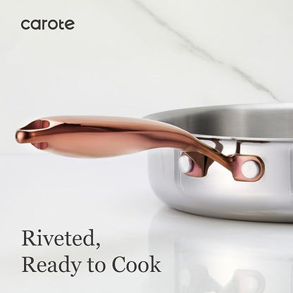 CAROTE 10" Tri-Ply Stainless Steel Frying Pan, Non-Toxic Fry Pan Egg Pan Omelet Pans, Oven Safe, Induction, Ceramic and Gas Cooktops Compatible, Polished Silver