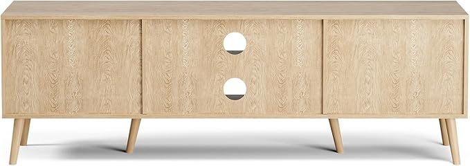 ZttRiee TV Stand for TVs up to 65'', Entertainment Center With Rattan Door, Shelves & 2 Cabinets, Long Boho Media Console for Living Room, Natural