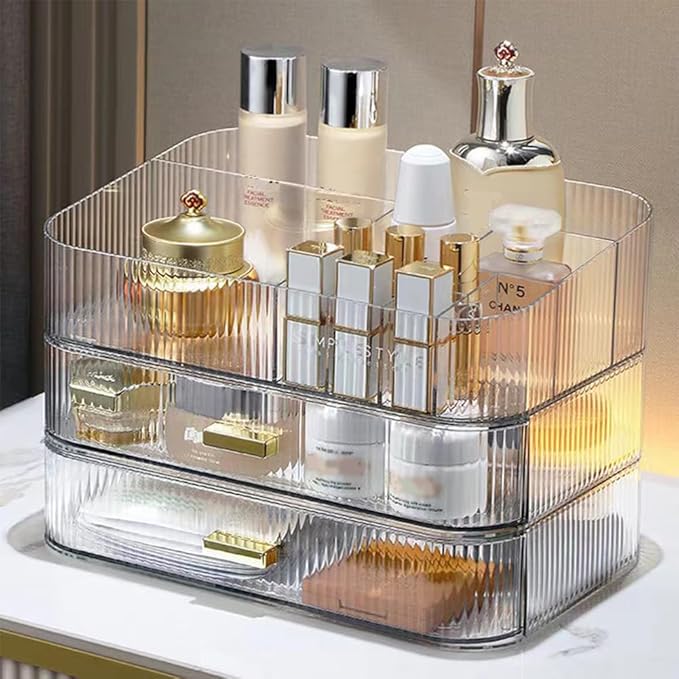 Makeup Organizer with Stackable Drawers, Bathroom Vanity Organizers and Storage, Ideal for Desk and Dresser Countertops, Great for Cosmetics, skincare, Lipsticks, Nail Care -Clear