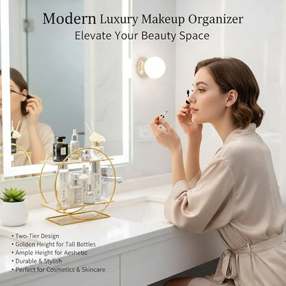 MLVOC Gold Makeup Organizer Countertop, Skincare Organizer with Gold Finish, Durable Metal Storage for Bathroom or Bedroom Vanity, Tall Spacious Design for Large Bottles