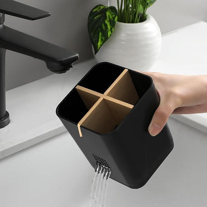 Toothbrush Holders Drainage for Bathrooms, 4 Slots Tooth Brushing Holder with Bamboo Dividers Plastic Electric Toothbrush and Toothpaste Caddy Organizer for Sink, Counter, Shower, Vanity, Black