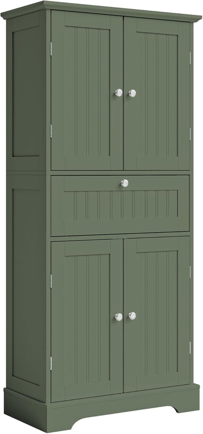 ChooChoo 51" H Tall Bathroom Floor Cabinet, Modern Bathroom Storage Cabinet with Drawer and Adjustable Shelves, Freestanding Kitchen Pantry Cupboard with 4 Doors for Living Room, Green