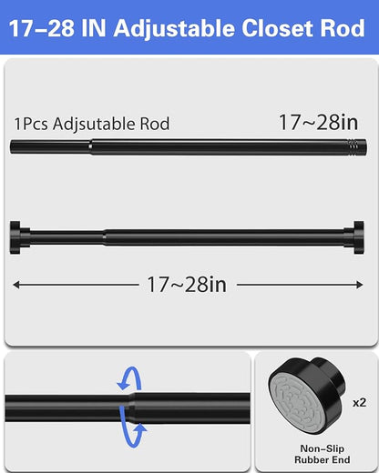 Supforce No Drilling Closet Rods for Hanging Clothes, Non Slip Tension Rod with Heavy Duty Clothes Hanging Rod, 17-28 Inches Adjustable Spring Closet Rod for Closet Wardrobe Bathroom Laundry RV, Black