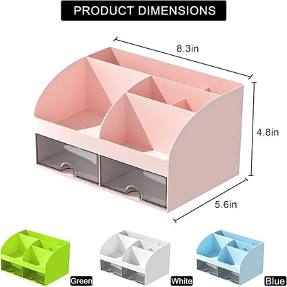 COMFYROOM Desk Organizer with 6 Compartments and 2 Drawers, Plastic Makeup Organizer, Pen Holder for Desktop Storage, Desk Organization for School, Home, Office Supplies (Pink)