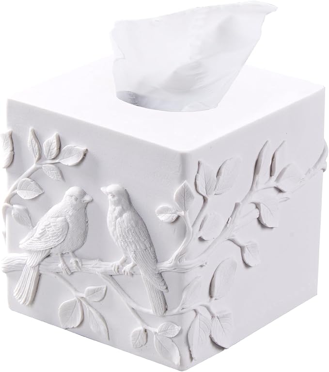 White Marble Relief Birds Square Tissue Box Cover Decorative,Resin Heavy Sturdy Tissue Box Holder, Facial Paper Holder for Bathroom Vanity Countertop, Bedroom Night Stand,Office and End Table