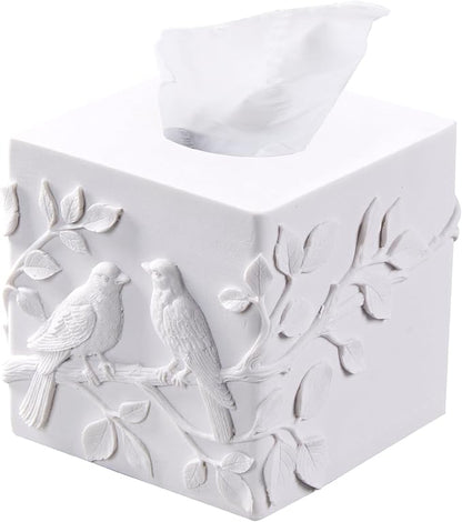 White Marble Relief Birds Square Tissue Box Cover Decorative,Resin Heavy Sturdy Tissue Box Holder, Facial Paper Holder for Bathroom Vanity Countertop, Bedroom Night Stand,Office and End Table