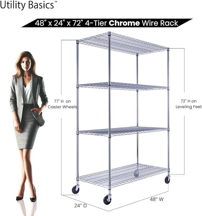 Utility Basics NSF Commercial 4-Tier Wire Shelving with Wheels, 48"x24"x72" Heavy Duty Metal Shelves 3200 lbs Max Capacity, Chrome Storage Rack for Garage Kitchen Pantry Warehouse