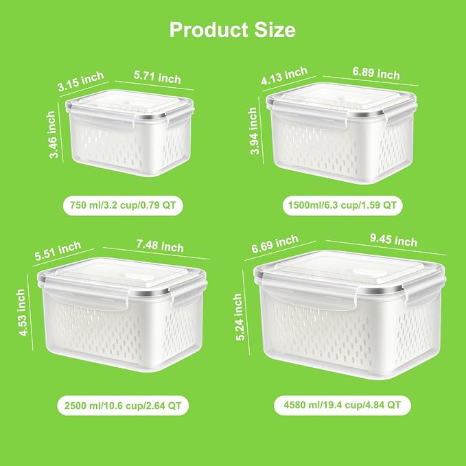 8-Piece Fruit Storage Containers for Fridge, BPA Free Plastic, Airtight with Vent Holes and Removable Colander, Refrigerator Organizer for Vegetables, Meat, Berry