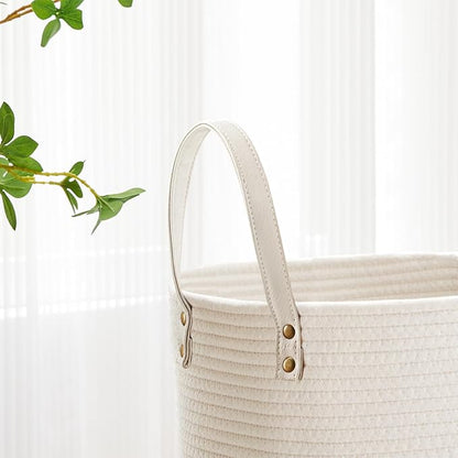 VIPOSCO Tall Laundry Basket, Large Dirty Clothes Hamper with Leather Handle, Woven Rope Storage Basket for Blanket, Toy In Living Room, Bathroom, Bedroom - 53L White