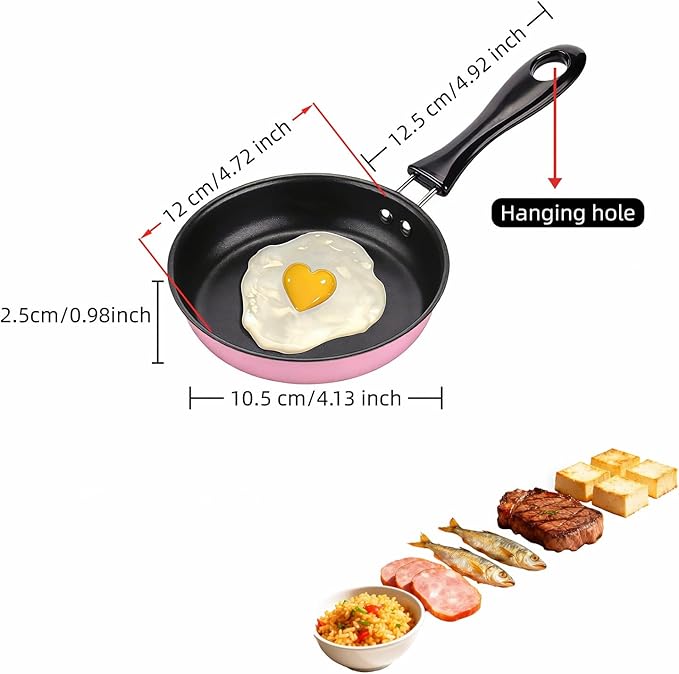 4.7 Inch Mini Frying Pan, Black Non-Stick Egg Pan with Hanging Hole, Flat Bottom Design for Gas, Induction, Electric Stove, Perfect for Single Serve Breakfast, Omelets & Camping, RV Use (Pink)