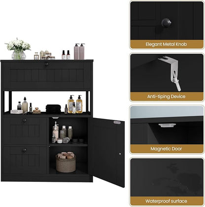 GRUSIGN Storage Cabinet, Modern Bathroom Floor Storage Cabinet Organizer with 1 Door and 3 Drawers, Freestanding Cupboard for Kitchen/Living Room Use