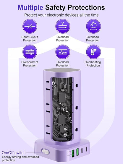 Power Strip Tower with Multiple Outlets, Flat Plug Surge Protector Tower Extension Cord with 12 AC Outlets 4 USB Ports (2 USB C), 6FT Cord Power Tower Surge Protector for Home Office Dorm Room, Purple