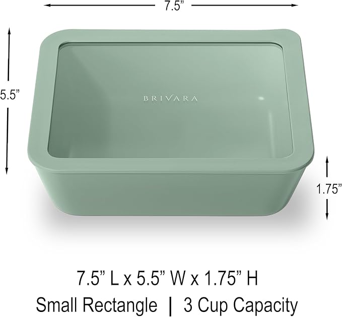 BRIVARA HOME Ceramic Coated Glass Food Storage Container | No PTFE, PFOA, PFAS, and BPA | Reusable Non Toxic Meal Prep Container with Glass Lid | Easy To Store | 3 Cup Rectangle [Willow]