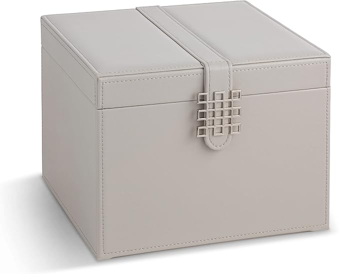 Glenor Co Earring Organizer Holder - 75 Small & 4 Large Slots Classic Jewelry Box with Drawer & Modern Closure, Mirror, 4 Trays Earrings, Ring or Chain Storage - PU Leather Case - Grey