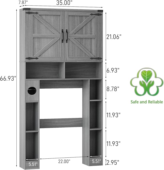 Vabches Over The Toilet Storage Cabinet, Farmhouse Storage Cabinet Over Toilet with 2 Barn Doors ，Toilet Paper Holder Stand，Home Space-Saving Toilet Rack, for Laundry, Restroom, Bathroom.Grey.