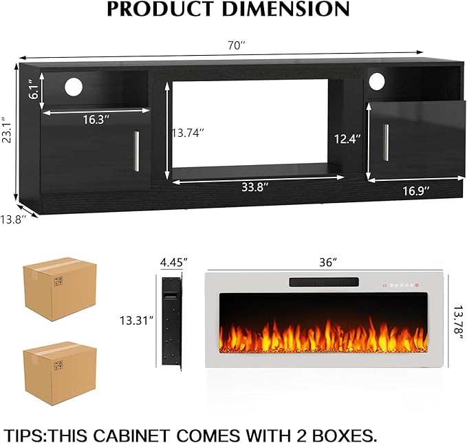 LEMBERI 70" Black TV Stand with 36" White Electric Fireplace, 750W/1500W Entertainment Center for TVs up to 80", 20-Color LED, 300lbs Max Capacity High Gloss Cabinet, Two-Tone Style