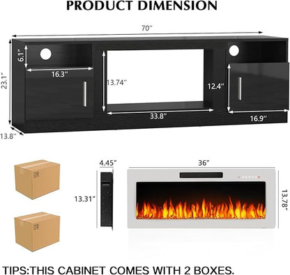 LEMBERI 70" Black TV Stand with 36" White Electric Fireplace, 750W/1500W Entertainment Center for TVs up to 80", 20-Color LED, 300lbs Max Capacity High Gloss Cabinet, Two-Tone Style