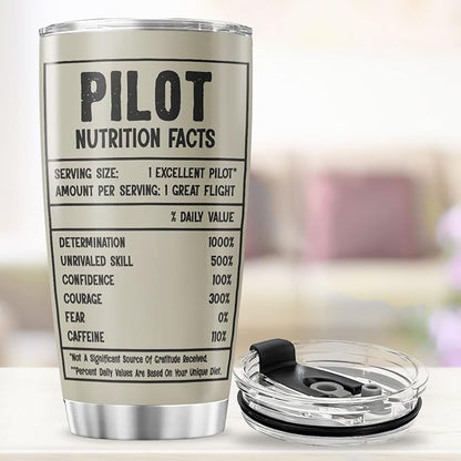 Pilot Nutrition Facts Tumbler Gift for Men, Aviation Panel Design 20oz Stainless Steel Cup, Funny Flight Coffee Mug for Pilot, Dad, Son, Husband, Birthday or Christmas