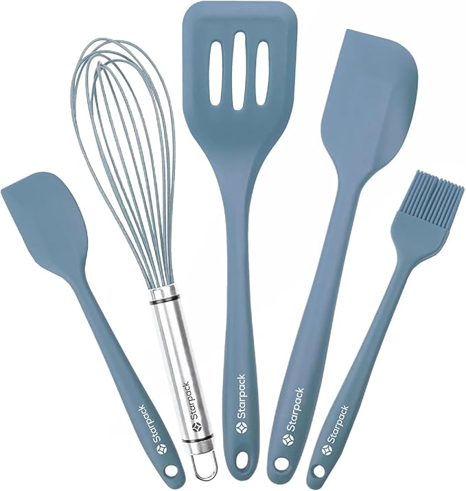 Starpack 'Flip & Whip' Premium Silicone Baking Utensils Set (5 Pcs) - 10" Blue Cooking Utensils with Large and Small Spatulas, Whisk and Basting Brush - Heat Resistant to 600°F - Baking Tool Set