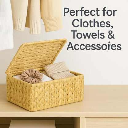 Natural Water Hyacinth Storage Baskets, 3-Piece Handwoven Nesting Organizer Set, Decorative Woven Containers for Bathroom, Kitchen, Living Room (3 Large Baskets with Lids)