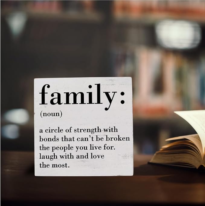 HTBIG Family Noun Family Quotes Desk Decor Wooden Box Sign Inspirational Rustic White Wood Block Plaque Box Sign for Home Farmhouse House Kitchen Bathroom Living Room Shelf Table Decoration