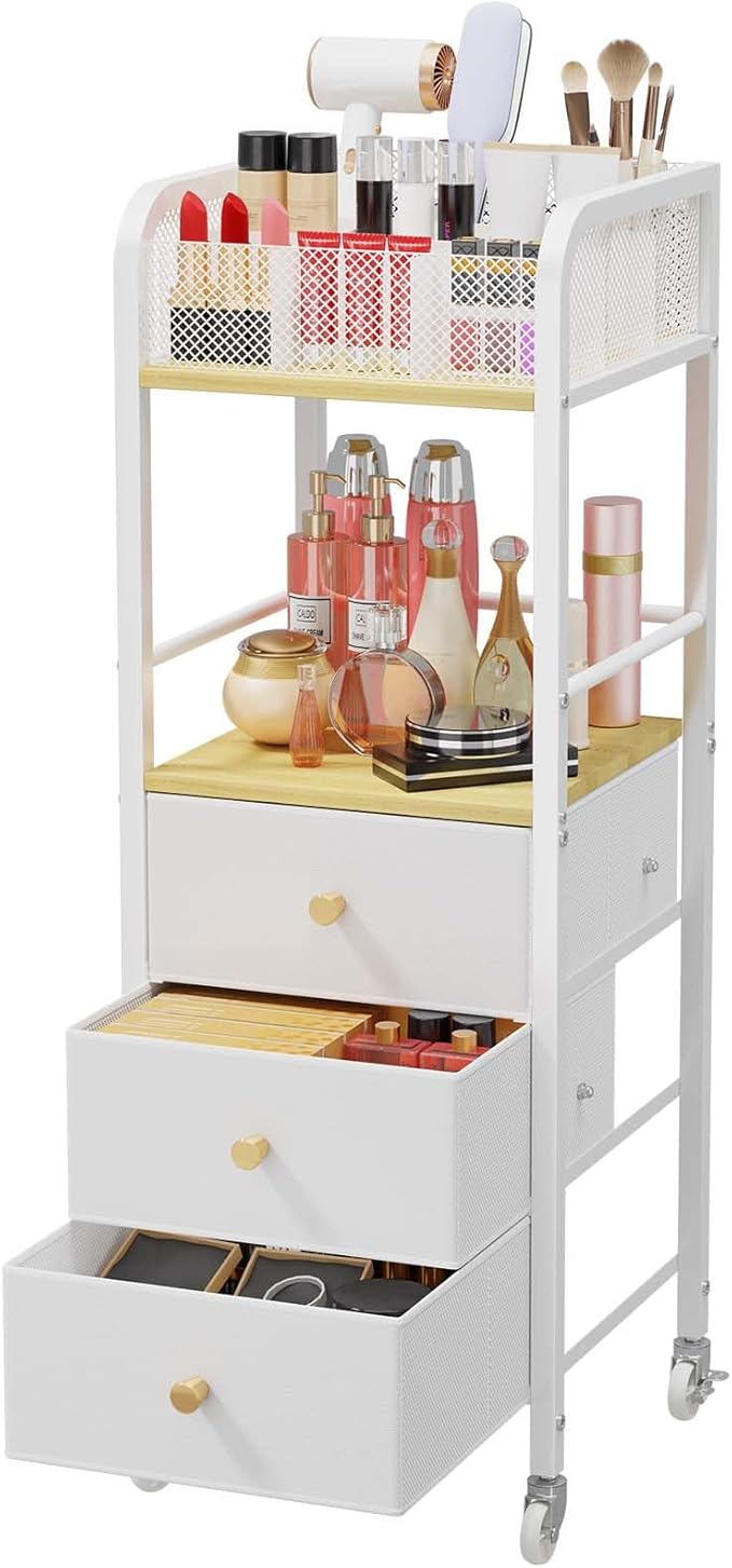 HapiRm Rolling Makeup Cart Organizer - Floor Skincare Make Up Storage with 3 Non-woven Fabric Drawers, Vanity Organizer Cosmetic Display Cases Holder for Skin Care Perfume Nail Polish Brush Hair Tool