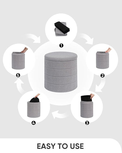 B FSOBEIIALEO Ottoman with Stroage, Round Sherpa Storage Ottoman Stool, Boucle Foot Rest 14.6"x14.6"x17.7"（Grey