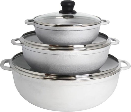 IMUSA Colombian 3 Piece Caldero Set with Glass Lids, Cast Aluminum Dutch Oven Pots, 1.5Qt 3.5Qt and 7Qt Traditional Hispanic Cookware for Rice, Beans, Soups, Stews, and Braised Meals