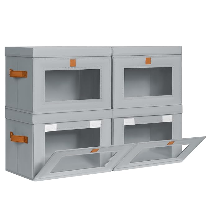 Homsorout Medium Fabric Storage bins - Collapsible Storage Bins with Open Window, 4 Pack Closet Baskets for Shelves, Stackable Decorative Boxes for Home, Dorm, Grey, 13.7"x 9.8" x 9.8"
