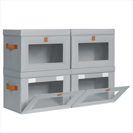 Homsorout Medium Fabric Storage bins - Collapsible Storage Bins with Open Window, 4 Pack Closet Baskets for Shelves, Stackable Decorative Boxes for Home, Dorm, Grey, 13.7"x 9.8" x 9.8"