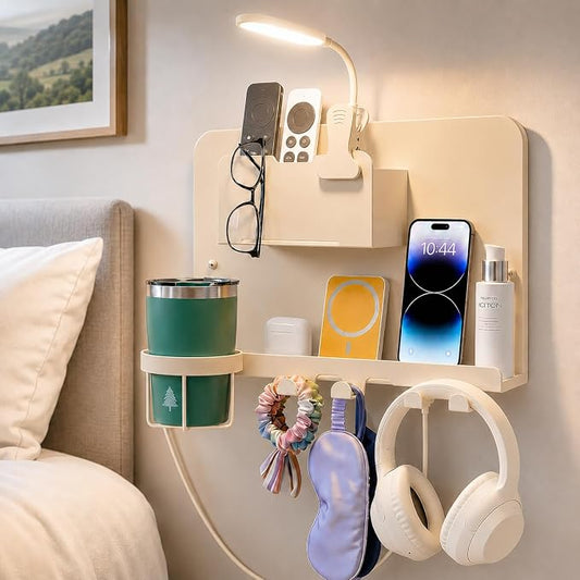 Metal Bedside Wall Shelf, Bedside Floating Shelf Wall Organizer with Detachable Cup Holder, No Drill Wall Mount for Bedroom, Dorm Room Decor, Nightstand Alternative, Bunk Bed Accessories, RV Storage