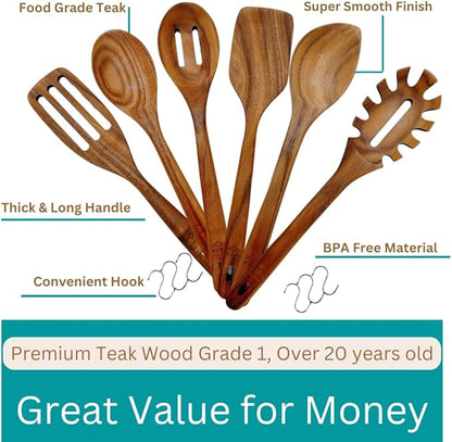 NHAF Wooden Utensils for Cooking, Premium Teak Healthy Spoons, Wooden Spoons for Cooking, Durable Eco-Friendly and Safe Teak Cooking Spoon, Cooking Gifts for Mom (set of 6) and Hooks