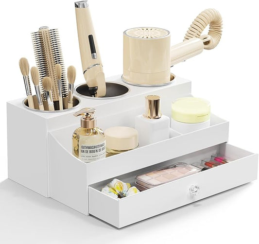 GFWARE Acrylic Hair Dryer Holder with Drawer, Bathroom Organizer Countertop Drawers with 3 Stainless Cups, Makeup Vanity Accessories, Hair Hot Tools Organizer, Toiletry, White