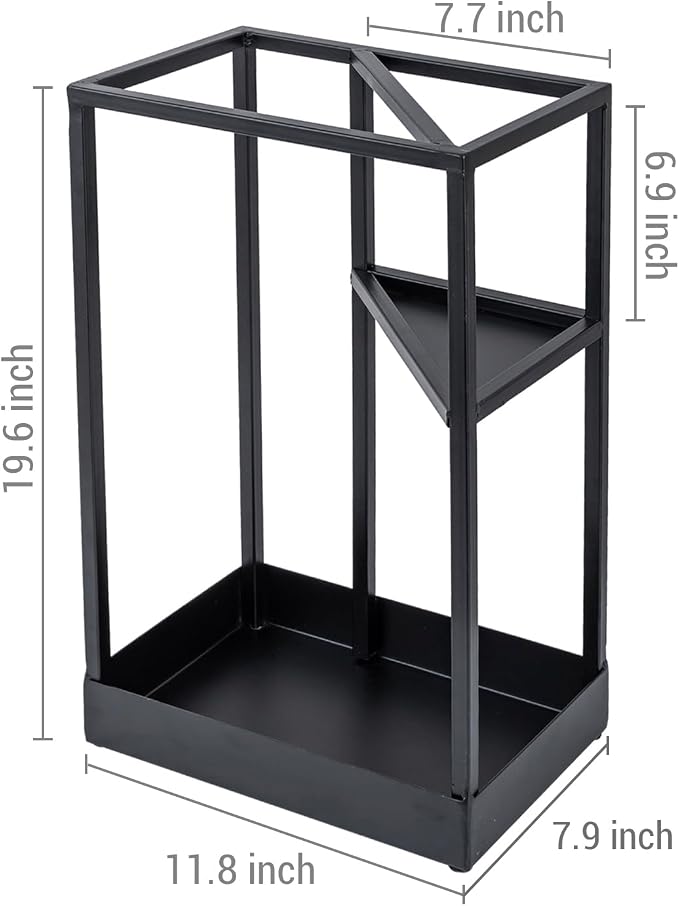 MyGift 20 Inch Tall Modern Brass Tone Metal Geometric Freestanding Entryway Umbrella Rack or Cane Holder with Shelf for Small Umbrellas and Bottom Drip Tray (Black-Large)