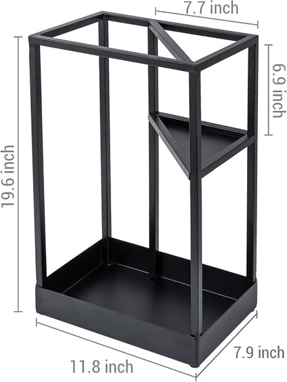 MyGift 20 Inch Tall Modern Brass Tone Metal Geometric Freestanding Entryway Umbrella Rack or Cane Holder with Shelf for Small Umbrellas and Bottom Drip Tray (Black-Large)