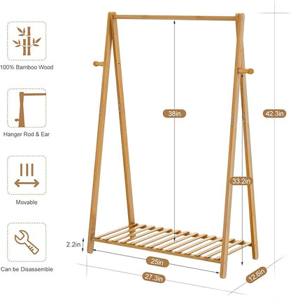 Small Clothes Hanging Racks,Bamboo Wood Kids Clothing Garment Racks for Cloths,Free Standing Dress Costume Rack for Bedroom,Living Room, Commercial,Small Space