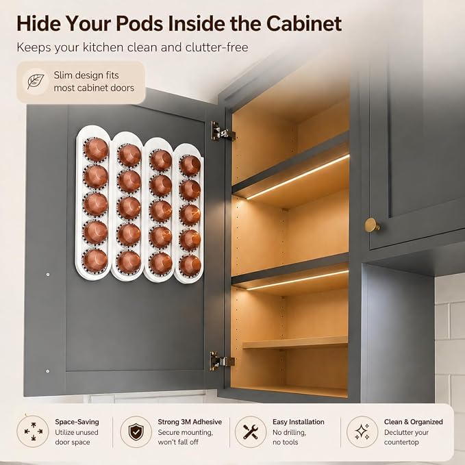 Bamboo Coffee Pod Holder, Adhesive Wall Mount (No Drilling) for Inside Cabinet Door, 20-Capsule Storage (Set of 4), Vertical & Horizontal, Compatible with Nespresso Vertuo Line-White