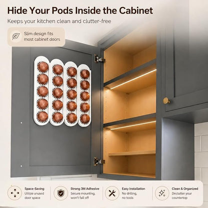 Bamboo Coffee Pod Holder, Adhesive Wall Mount (No Drilling) for Inside Cabinet Door, 20-Capsule Storage (Set of 4), Vertical & Horizontal, Compatible with Nespresso Vertuo Line-White