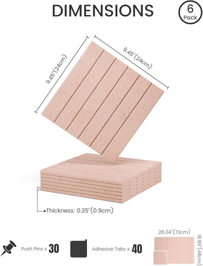 Fluxynara Felt Bulletin Board Tiles -28"x18" with 40 Adhesive Tabs, Cork Board Alternative for Office Decor, Push Pin Board Wall Organizer 6-Pack (Pink)