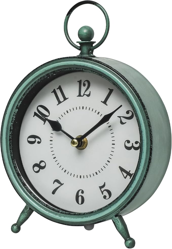 MACVAD Vintage Small Rustic Green Table Clock on Stand - Decorative Desk and Shelf Clock, Battery Operated, Silent Non-Ticking Timepiece Perfect for Office, Living Room, and Bedroom Decor