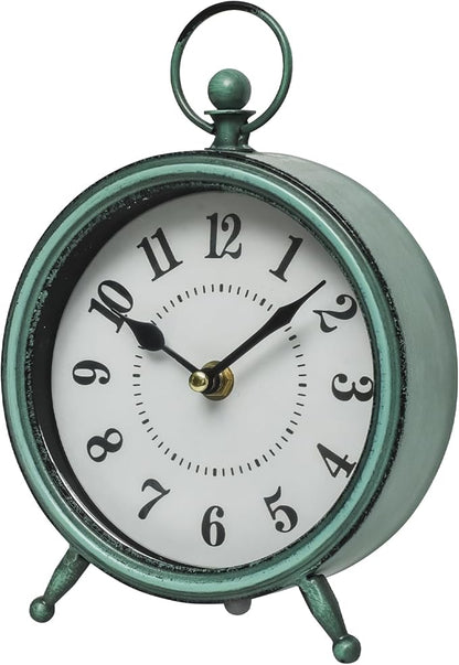 MACVAD Vintage Small Rustic Green Table Clock on Stand - Decorative Desk and Shelf Clock, Battery Operated, Silent Non-Ticking Timepiece Perfect for Office, Living Room, and Bedroom Decor