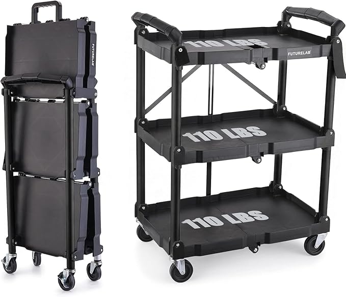 FUTURELAB Portable Folding Service Cart - 3 Tier 330LBS Capacity - Rolling Utility Foldable Cart with Wheels for Warehouse Home Workshops Garages Restaurants Offices