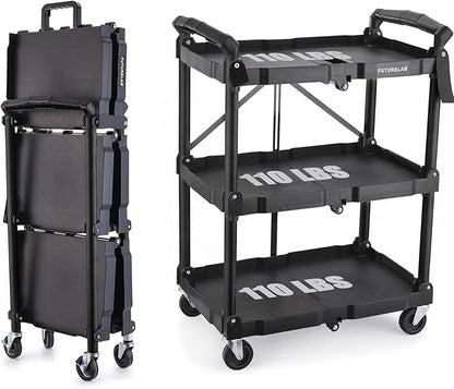 FUTURELAB Portable Folding Service Cart - 3 Tier 330LBS Capacity - Rolling Utility Foldable Cart with Wheels for Warehouse Home Workshops Garages Restaurants Offices